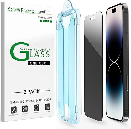 amFilm OneTouch - Protector de pantalla de vidrio templado de privacidad compatible con iPhone 14 Pro Max (6.7 pulgadas), con kit de fácil