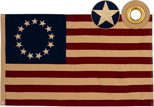 Cotton Vintage Betsy Ross Flag 3x5 Feet, Tea Stained Embroidery 13 Stars Colonial American Flags with 2 Strong Brass Grommets, Heavy Duty Vintage Historical Primitive Colonial Flag