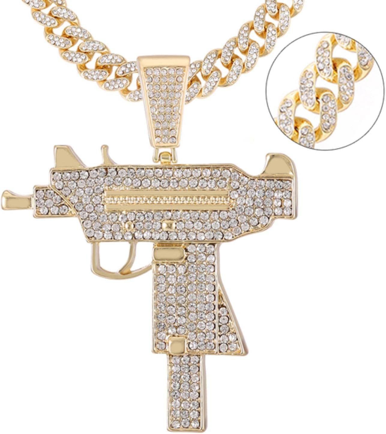zxcs Submachine Gun Fashion Cuba chain Pendant Men Iced Out Crystal Gold/Silver Colour Charm Necklace Hip Hop Jewelry Cuban Necklace-Gold 13MM Chain,20inch