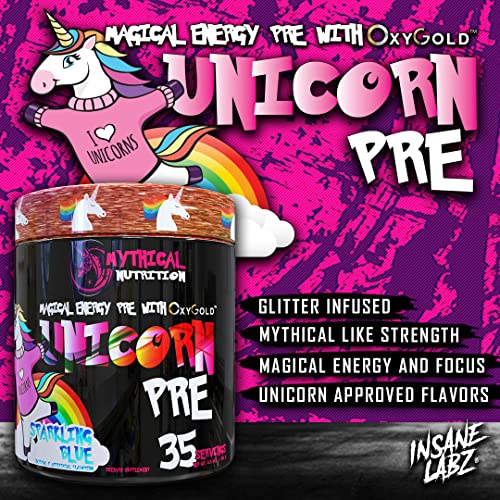 Mythical Nutrition Unicorn Pre Workout By Insane Labz, Pre Workout Powder With Edible Glitter, Extreme Energy Nitric Oxide Boosting, Beta Alanine Betaine Taurine Ampiberry, 35 Srvgs, Sparkling Blue #TOP3