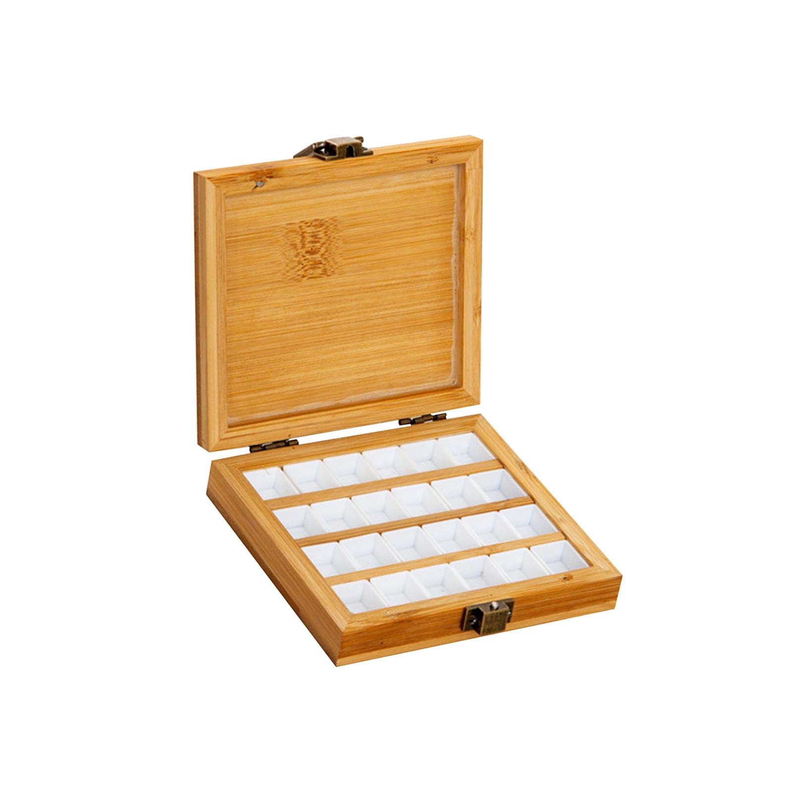 Empty Bamboo Paint Palette with Lid Art Palette for Painters Students Studio 24 Grids,11.5 x 10.5 x 2.5cm
