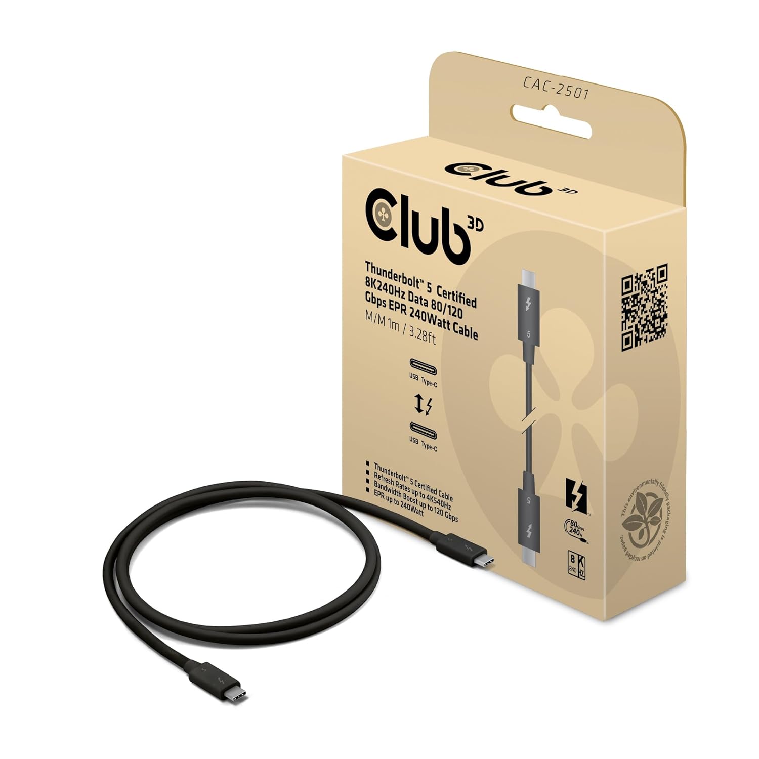 Club 3D CAC-2501 Thunderbolt™ 5 Certified 8K240Hz Data 80/120Gbps EPR 240Watt Cable M/M 1m