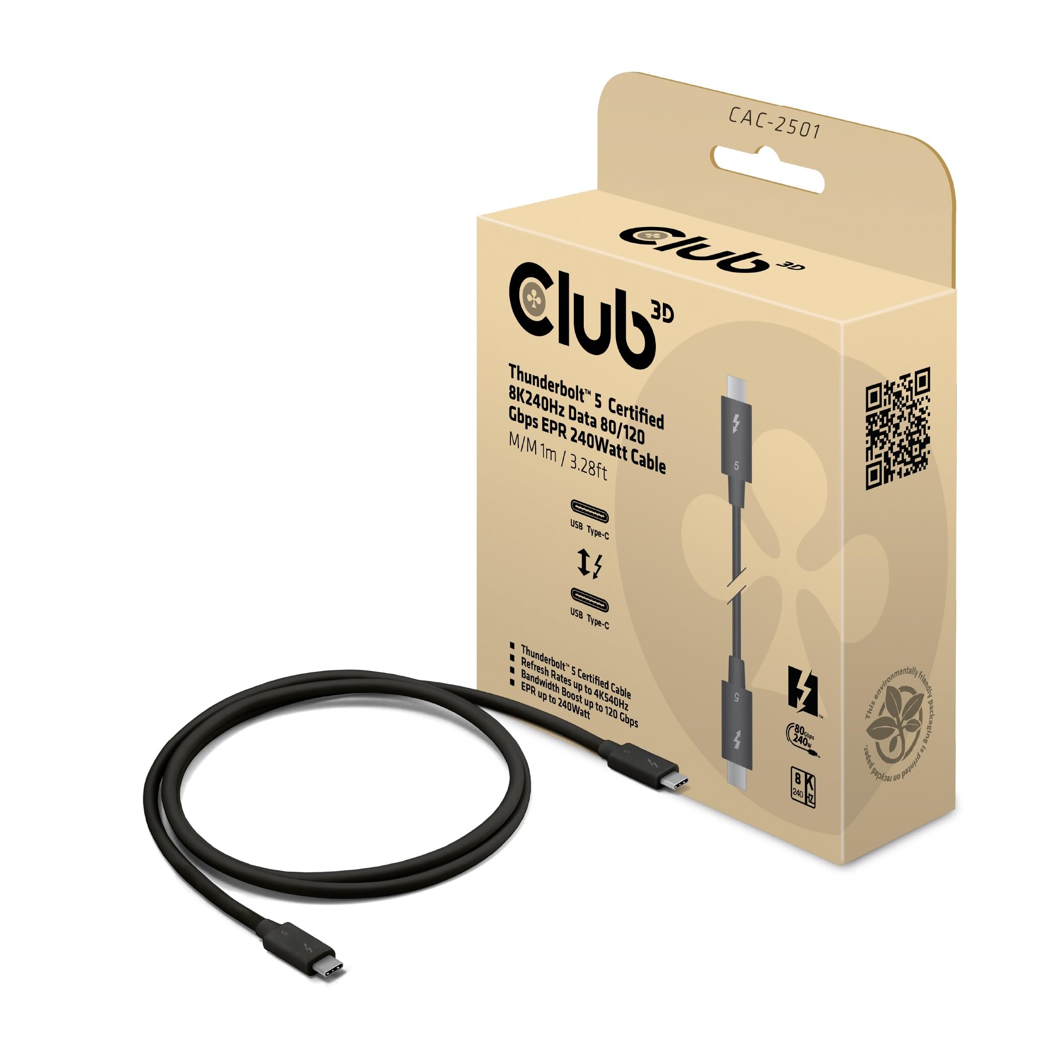 Club 3D CAC-2501 Thunderbolt™ 5 Certified 8K240Hz Data 80/120Gbps EPR 240Watt Cable M/M 1m