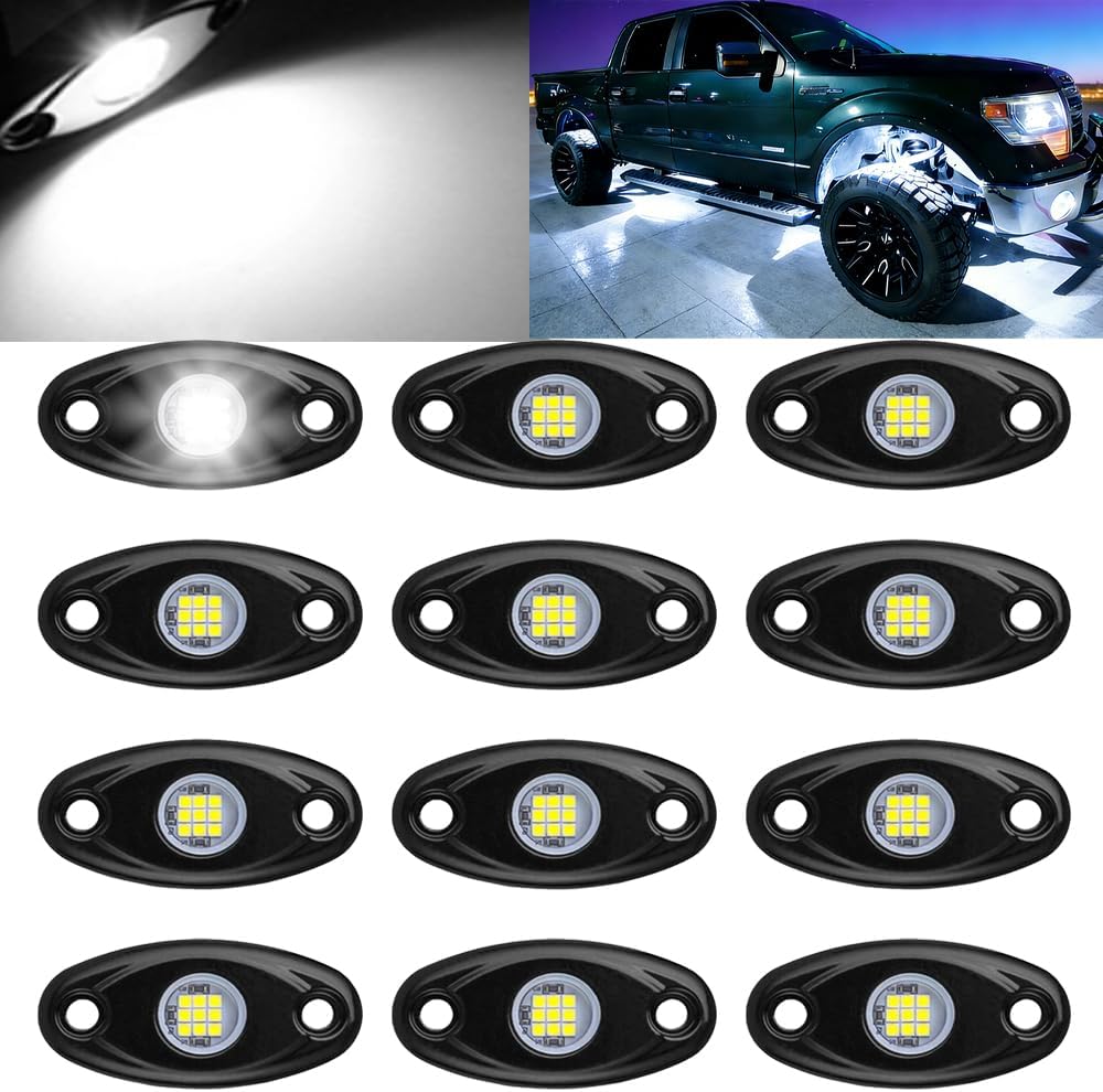 12 Pods White led Rock Lights Waterproof IP 68 for Car SUV Underglow Lights Neon Trail Rig Lamp Lighting for Truck Motorcycle ATV UTV (White)