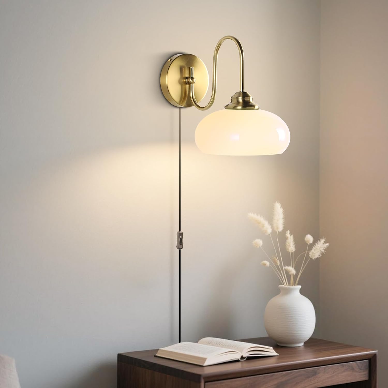KCO Lighting Antique Brass Wall Sconce Goose Neck Wall Sconce Plug in Wall Lights with Cord Milk Glass Wall Mounted Light Fixture for Bedroom