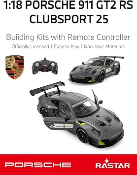RASTAR 99600 1/18 76PCS Officially Licensed RC Race Car Building Kits for Porsche 911 GT2 RS Clubsport 25 with Opening Doors, Working Lights, Remote, Motor & DIY Decals for Play & Display - Ideal Gift