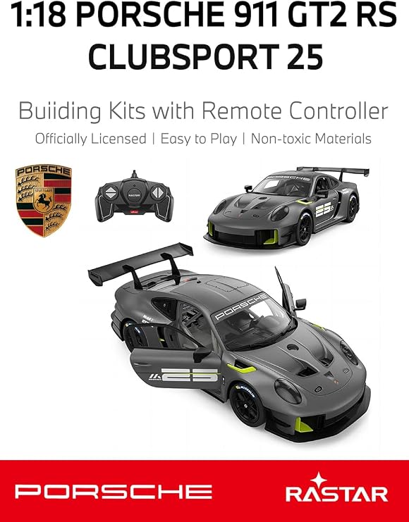 RASTAR 99600 1/18 76PCS Officially Licensed RC Race Car Building Kits for Porsche 911 GT2 RS Clubsport 25 with Opening Doors, Working Lights, Remote, Motor & DIY Decals for Play & Display - Ideal Gift