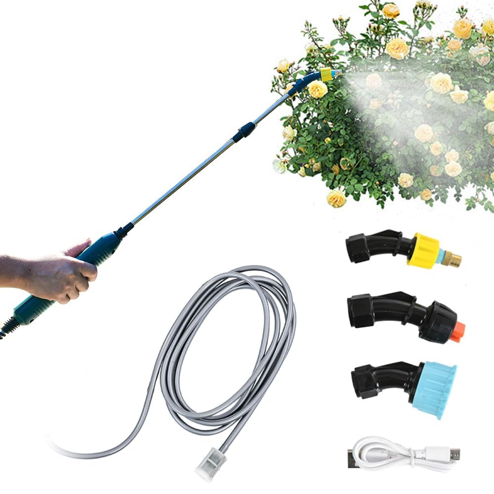UPHIGHER Rechargeable Garden Sprayer Wand, 60 cm Extendable, 5 m Hose, 3 Nozzles, Battery Powered