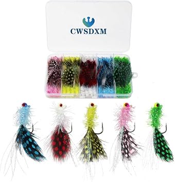 Crappie Jig Heads Kit, Lifelike Eyes Marabou Hair Feather Jigs with Coloured Spotted Feathers and Sharp Hooks for Ice/Fly Fishing, Panfish Crappie Walleye Striper, 1/8 1/14 1/28 oz