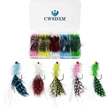 Crappie Jig Heads Kit, Lifelike Eyes Marabou Hair Feather Jigs with Coloured Spotted Feathers and Sharp Hooks for Ice/Fly Fishing, Panfish Crappie Walleye Striper, 1/8 1/14 1/28 oz