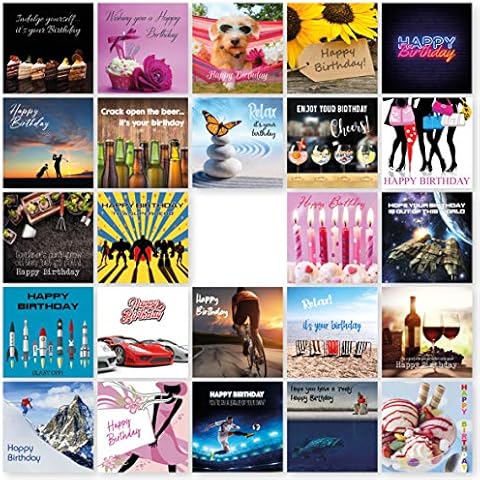 Pack of 24 Birthday Cards. Includes 24 Family Photo Style Designs. Ecofriendly Cards, Envelopes and Box. Printed and Packed in UK. Blank Inside Cover