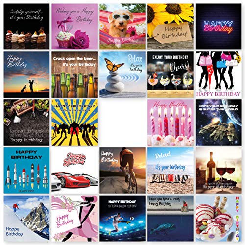 Pack of 24 Assorted Birthday Cards. Includes 24 Family Photo Style Designs. Ecofriendly Cards, Envelopes and Box. Printed and Packed in UK. Blank Inside.