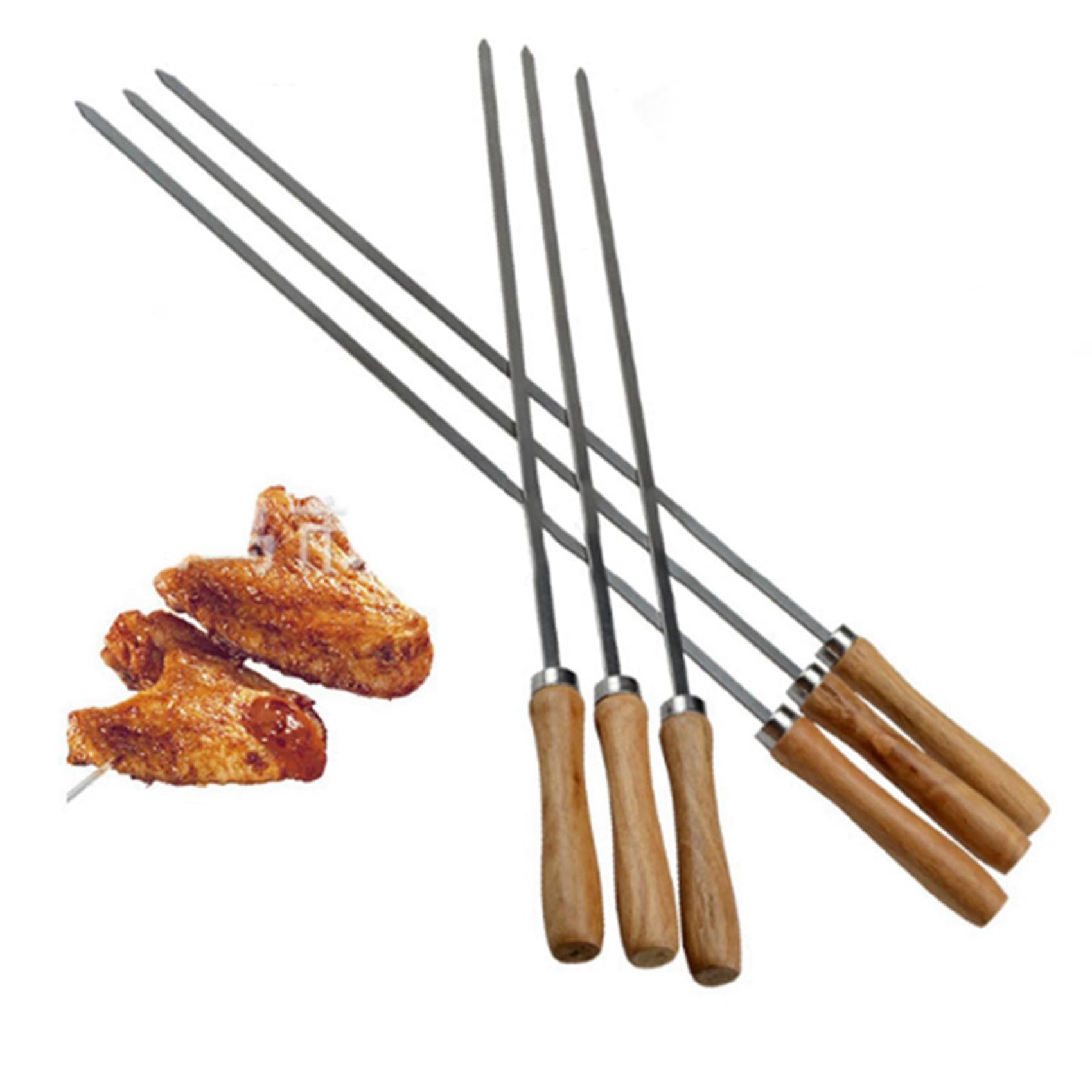 Kebab BBQ szpikulce ze stali nierdzewnej z drewnianymi uchwytami płaskie metalowe patyczki do szpikulca wielokrotnego użytku z woreczkiem do przechowywania 24
