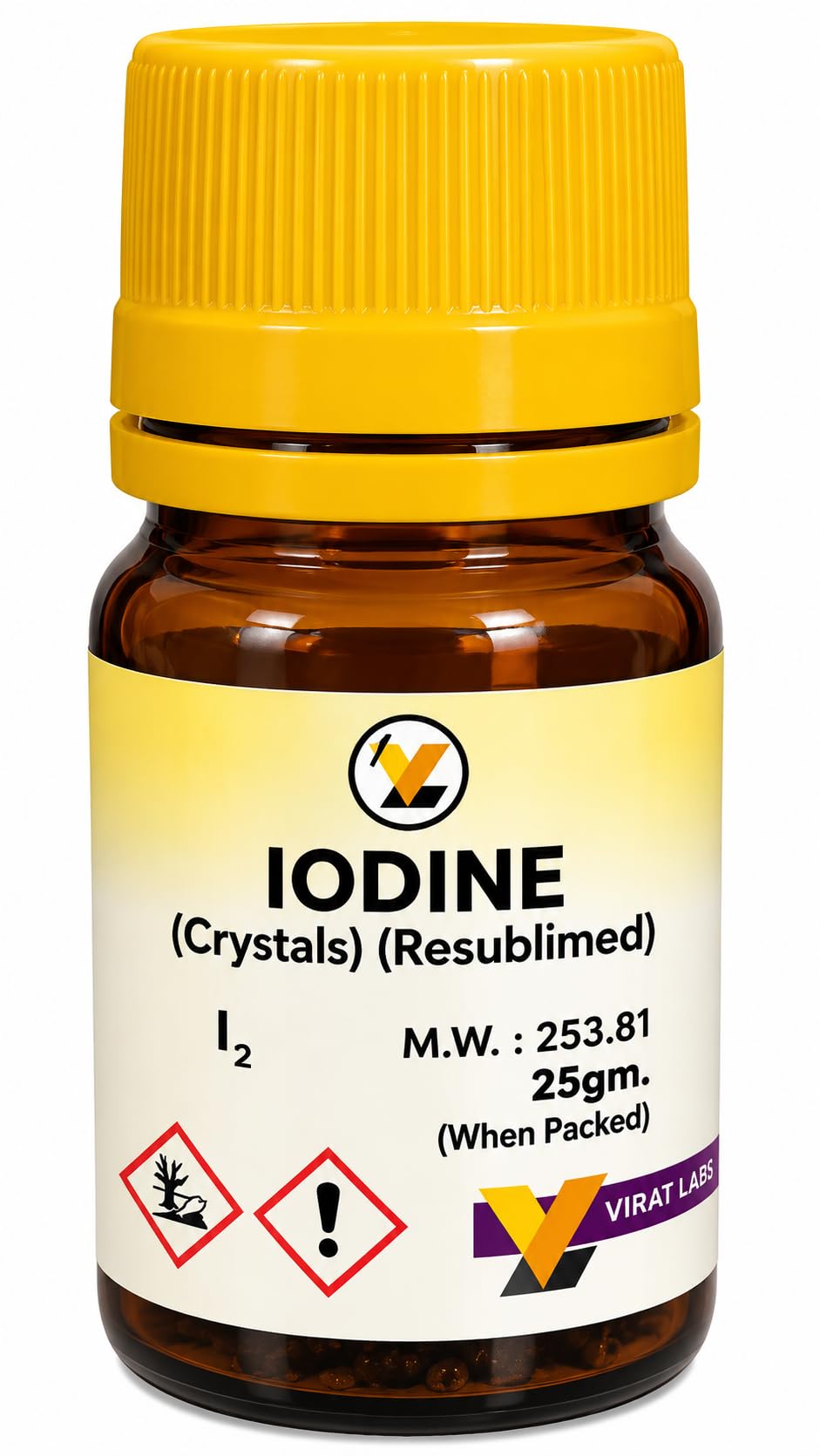 iodine crystals resublimed 98.5% purity 25g for lab testing | research grade, crystal form, 25g pack, 98.5% purity, lab use