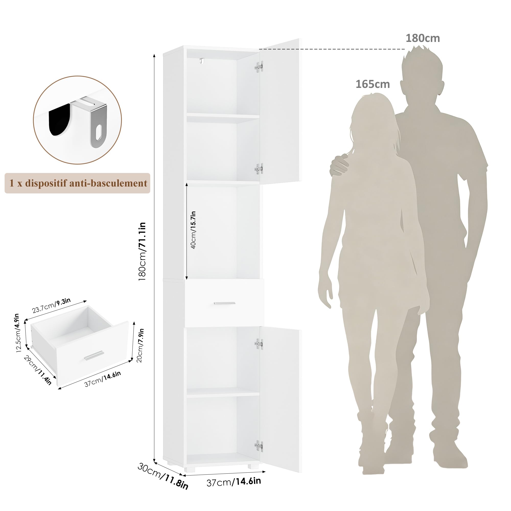 FOREHILL Meuble Colonne Salle de Bain 180cm Armoire de Salle de Bain Blanc | Meuble salle de bain étroit, 37x30x180cm, Armoire haute, colonne salle de bain avec 2 portes 1 tiroir, Gain de place, Moderne