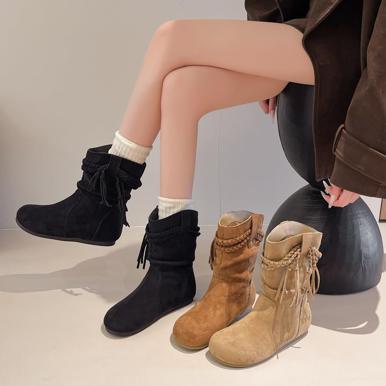 Women's Fringe Cowboy Cowgirl Boots Round Toe Pull On Dress Western Ankle Booties Retro Suede Cute Mid Calf Boots