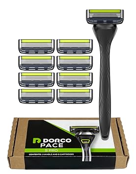 Dorco Pace 5 Pro Razors for Men, 5-Blade Shaving System with Trimmer - 1 Handle + 9 Refill Cartridges
