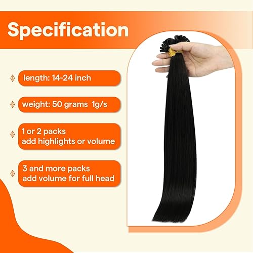 Miniatura 4 de Full Shine Extensiones de cabello humano prebonded, extensiones de cabello humano negro Ktip de 22 pulgadas, extensiones de cabello humano de fusión