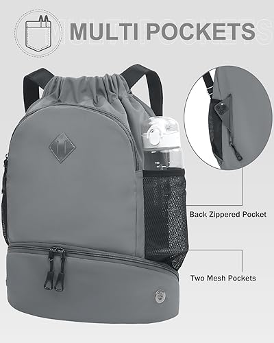 Miniatura 5 de Mochila de gimnasio con cordón y compartimento para zapatos para hombres y mujeres, bolsa deportiva de cuerda con bolsillo húmedo, bolsa de playa,