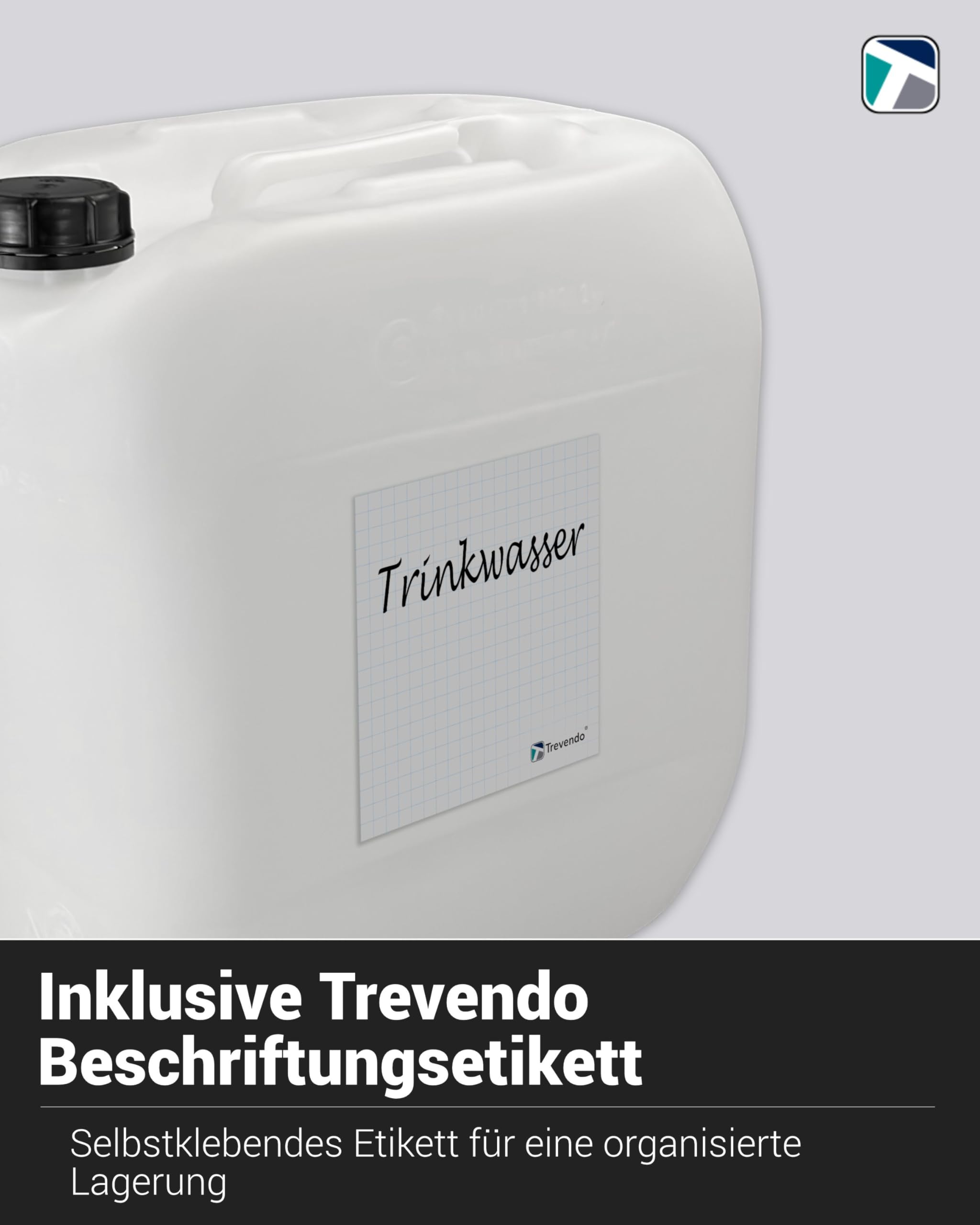 Trevendo 8er-Set Wasserkanister - Leerkanister - Kunststoffkanister (20 Liter, DIN 61, Ø49 mm) - lebensmittelecht & BPA-frei - inkl Beschriftungsetiketten