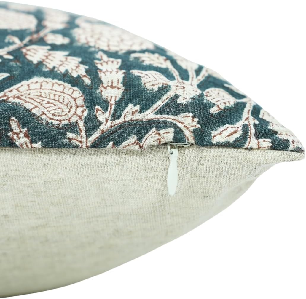 Handmade Block Print Cotton Linen 20"X20" Throw Pillowcase Cushion Cover, Home Décor, Living Room, Sustainable for Sofa and Couch, Fall Decoration, Floral Printed, Gopi, Dark Blue