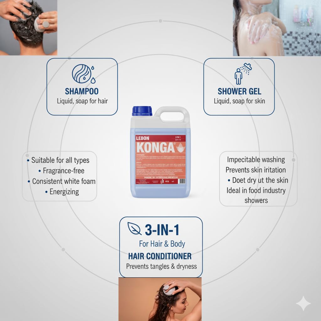 Konga 3-in-1 Duschgel: Shampoo, Duschgel & Haarconditioner | Parfümfrei | Für Lebensmittelindustrie & Gewerbe | Hautfreundlich | Schützt vor Austrocknung | 5L