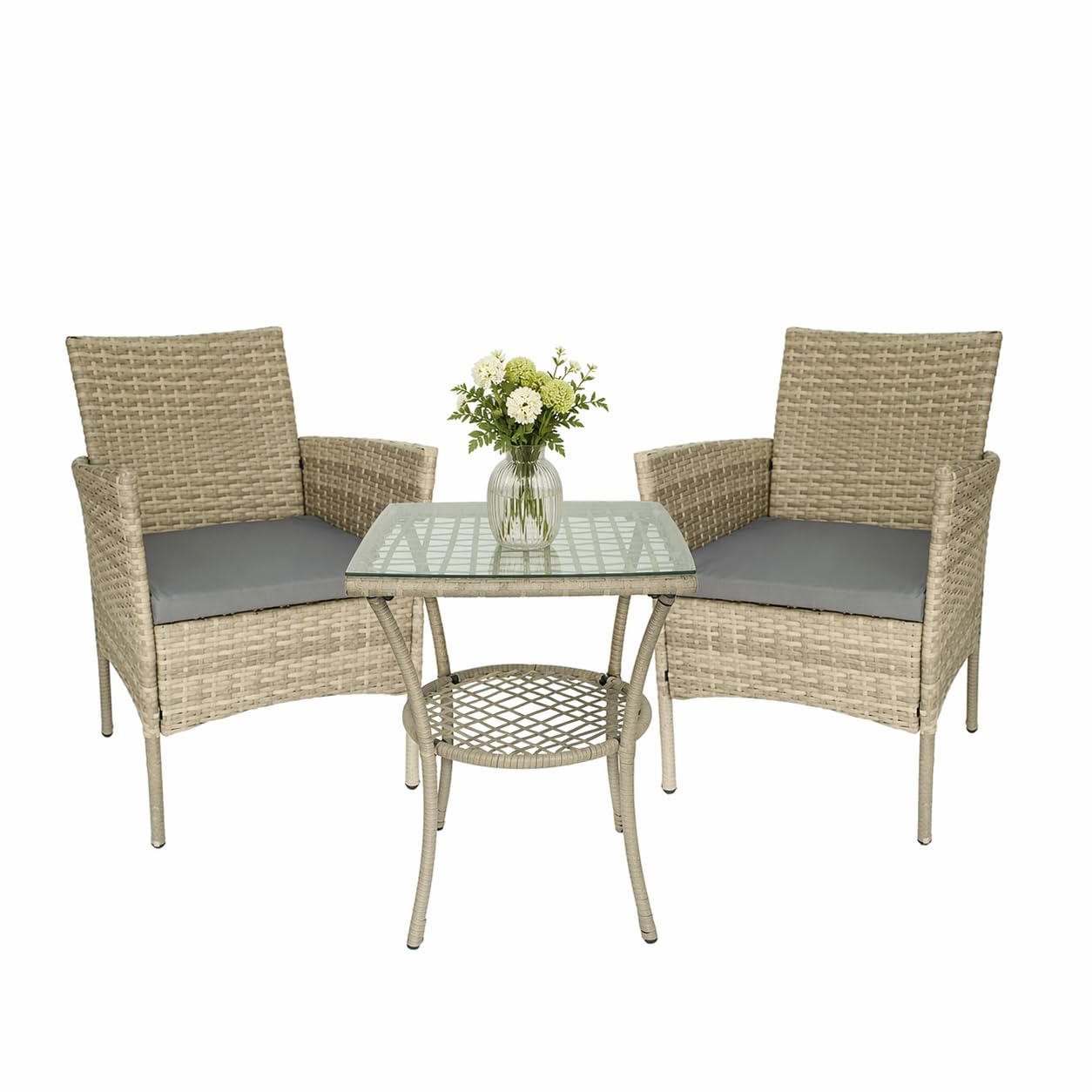 3 Piece Rattan Bistro Set, Outdoor Patio Garden Furniture Conversation Set with Table and 2 Chairs, PE Wicker Conservatory Set with Washable Cushions for Balcony, Porch, Garden, Deck and Backyard