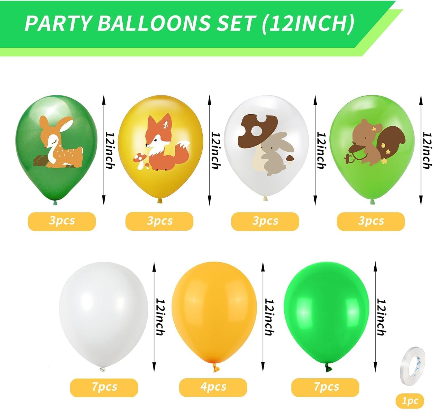 Animal Balloons, 12 Inch Jungle Safari Balloons Animal Rabbit Sika Deer Fox Squirrel Print Balloons Green White Yellow Jungle Safari Theme Party Decorations Party Supplies (4 Kind Of Animal)