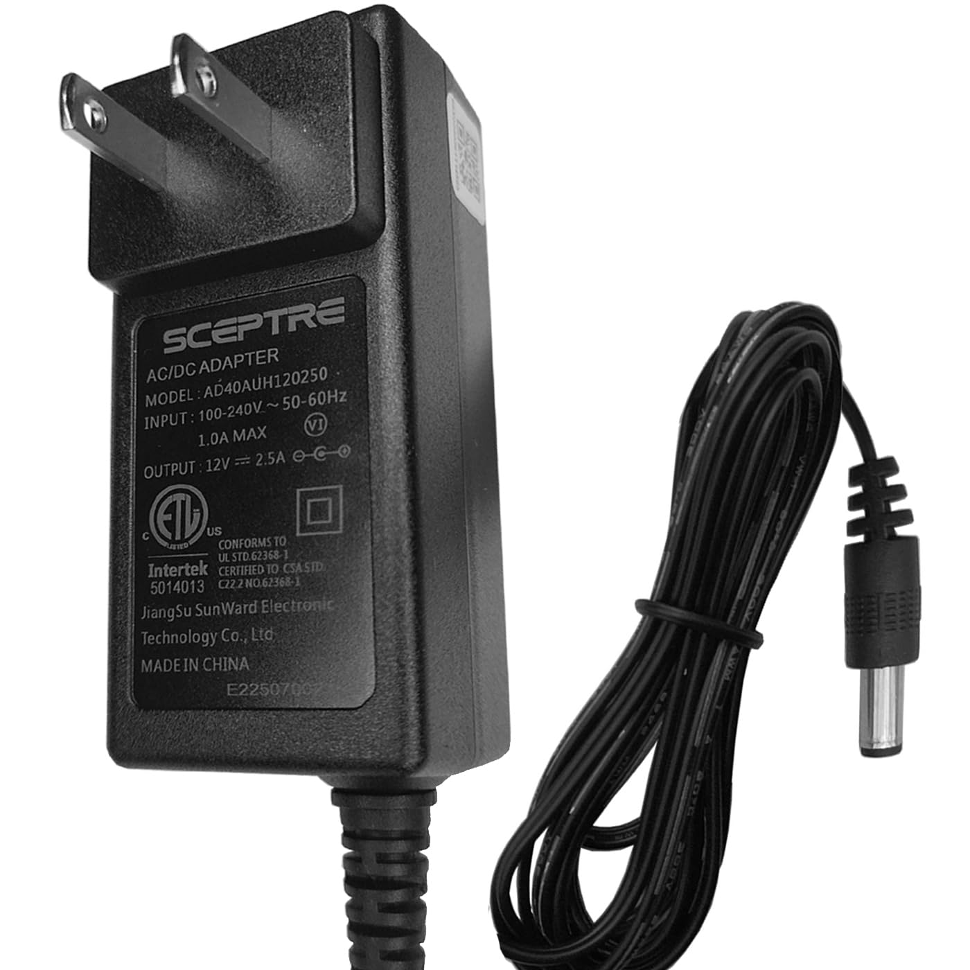 OEM UL Genuine Parts 12V 2.5A AC/DC Adapter Compatible with SCEPTRE # AD40AUH120250 JiangSu SunWard Electronic Technology DC12V 2500mA 30W 12 V 12VDC Switching Power Supply Cord Cable Wall Charger PSU