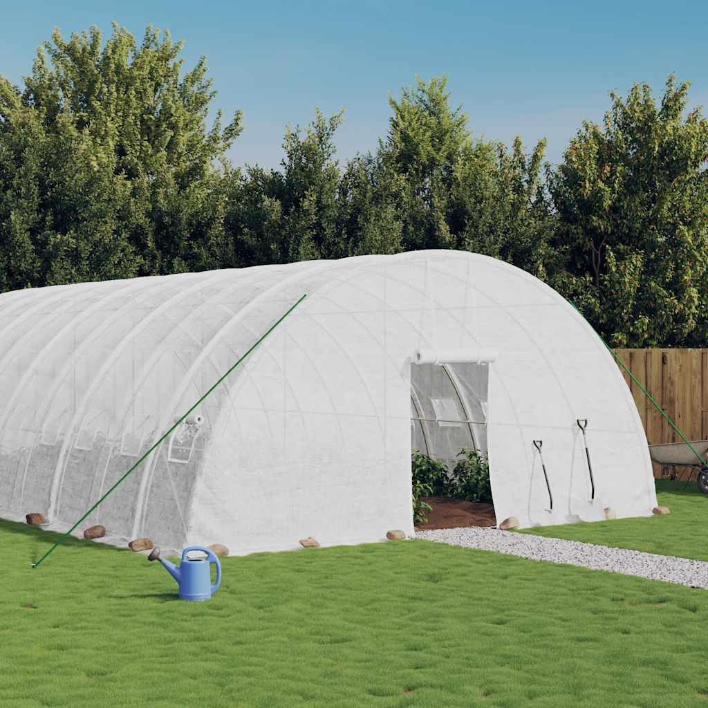 Serra con telaio in acciaio bianco, 96 m², 16 x 6 x 2,85 m, copertura in PE 140 g/m², porta e finestra arrotolabili, serra da giardino per verdure, erbe, fiori, antigelo e ventilazione