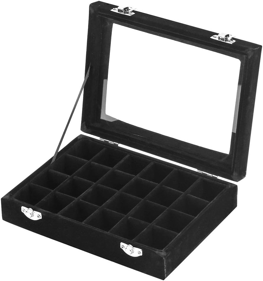 MeJell 24 Slot Velvet Glass Jewelry Box Organizer Rings Earrings Tray Display Storage Case