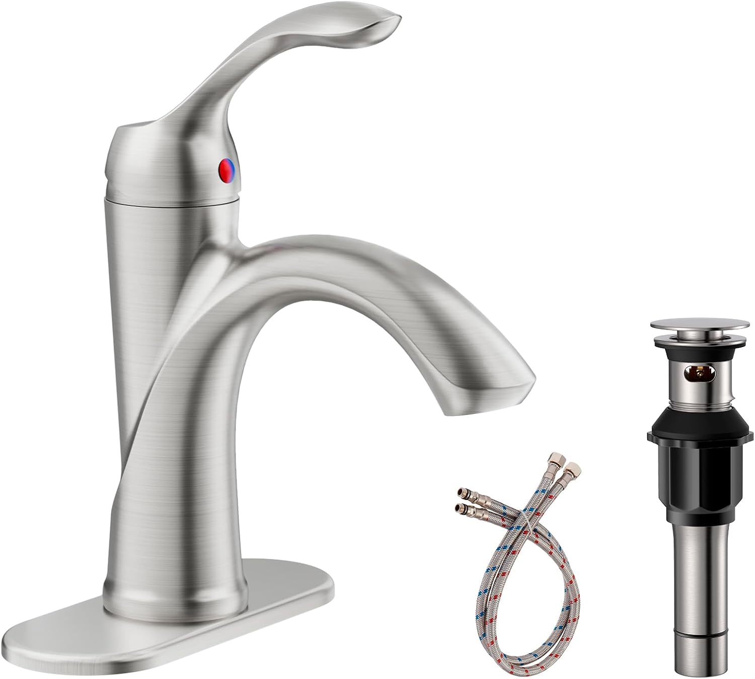 Brushed Nickel Bathroom Faucet 1 Hole One-Handle Lever Bathroom Sink Faucets Bath Rustic Lavatory Basin Mixer Tap with Pop Up Drain with Overflow Supply Hose by Homevacious