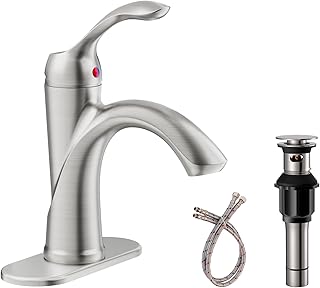 Homevacious Bathroom Faucet Single Handle Brushed Nickel One Hole Sink Satin Bath Waterfall with Pop up Drain Assembly Lever Basin Mixer Tap Deck Mount Commercial Supply Hose Lead-Free