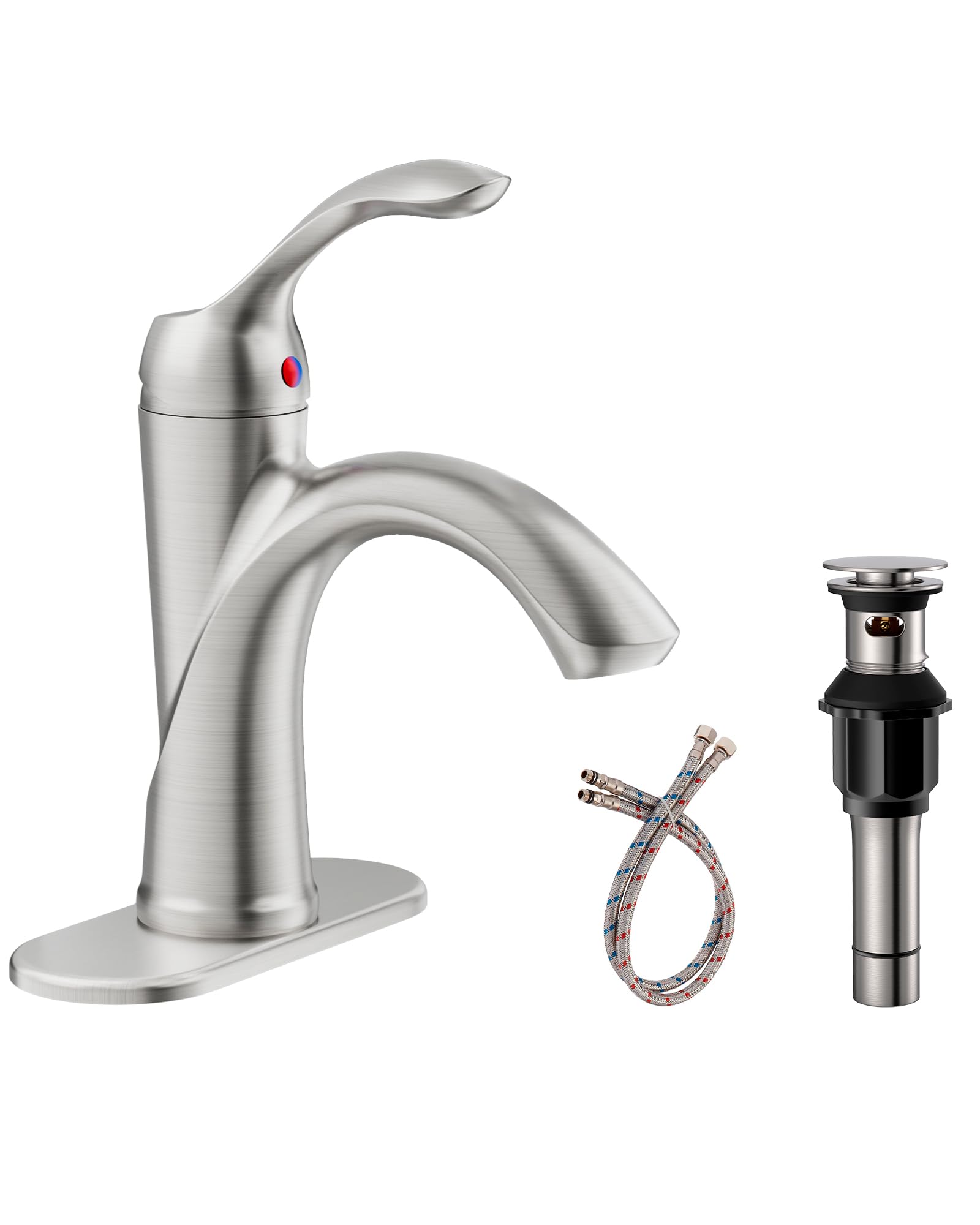 Homevacious Bathroom Faucet Single Handle Brushed Nickel One Hole Sink Satin Bath Waterfall with Pop up Drain Assembly Lever Basin Mixer Tap Deck Mount Commercial Supply Hose Lead-Free