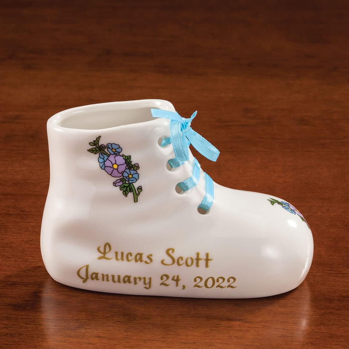 Porcelain Personalized Baby Bootie Heirloom-Blue Boy-Customize Ceramic Baby Shoe Keepsake with Baby Name, Birth Date, Time, Weight and Length-Birth, Baptism or Christening Gift-4? Long by 2? Wide