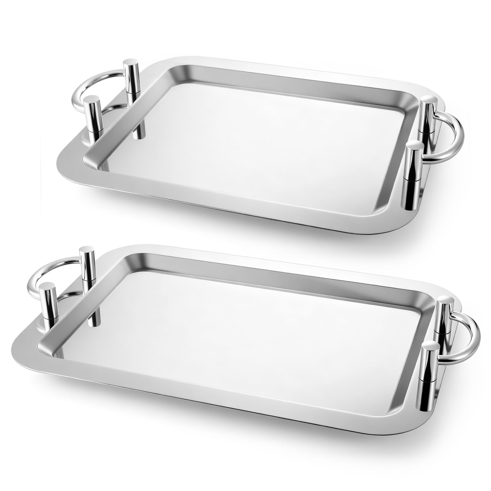 View 1 of ** ONLY ONE** Tiangrid Stainless Steel Serving Tray, Heavy Duty Portable Metal Serving Tray with Handle Mirror Polished Steel Buffet Snack Salver for Coffee, Desserts, Cakes(Square,19 x 13,16" X 12")