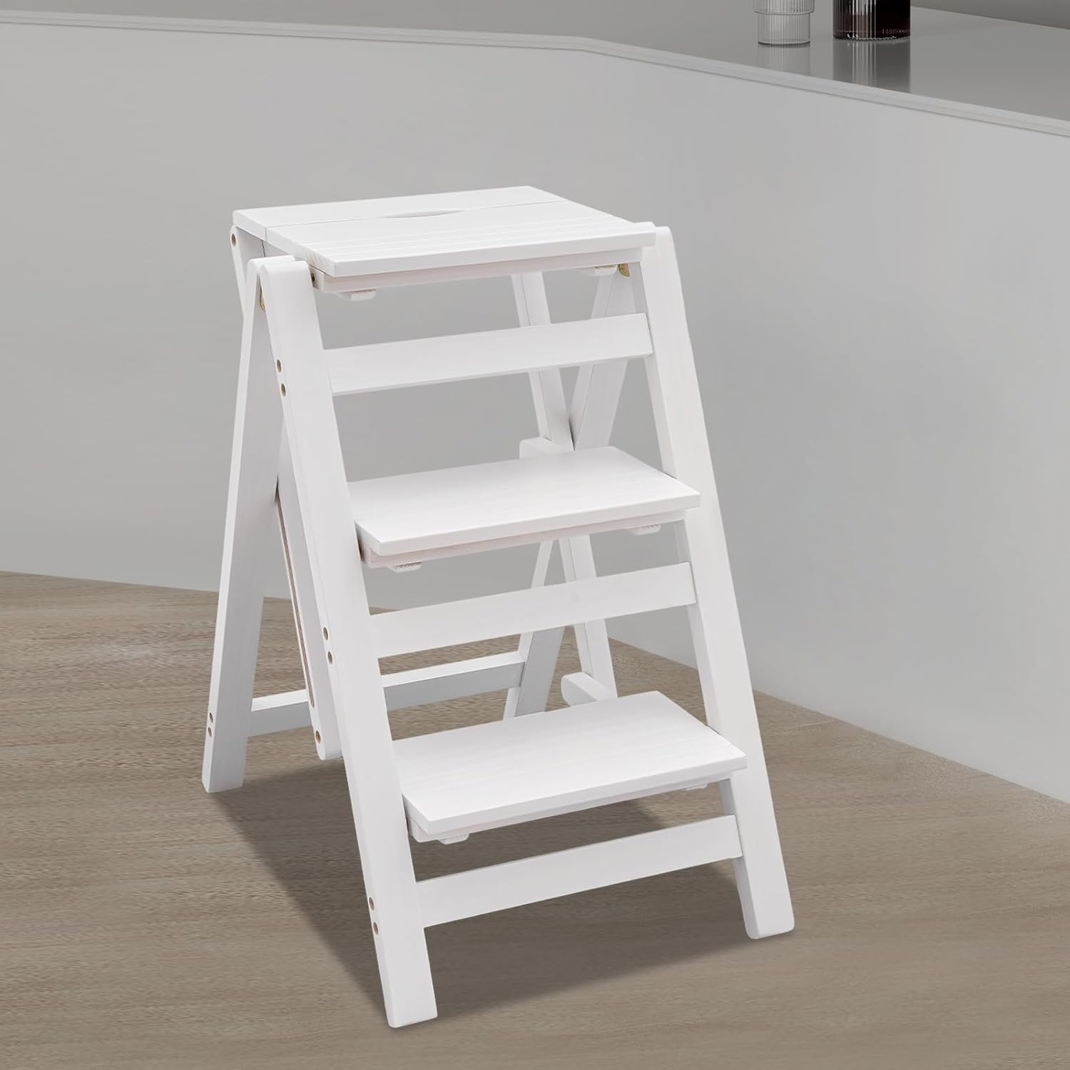 3 Step Ladder Folding Step Stool, Portable Wooden Closet Collapsible Step Stool Multi-Functional Kitchen Step Ladder for Adults, 220lbs Load Capacity, White