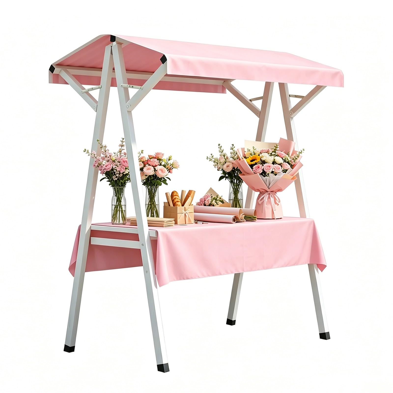 CHBMZ Foldable Metal Farmers Market Cart with Canopy - Portable Flower Cart, Pop-Up Retail Vendor Stand with Display Shelf for Craft Fairs, Boutique Shops & Art Shows(Pink,160cm/63in)