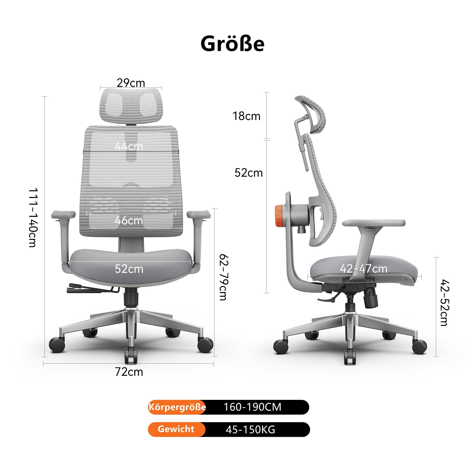 Newtral MAGICH003 Bürostuhl Ergonomisch, Ergonomischer Schreibtischstuhl, Ergonomic Office Chair PC Computerstuhl 150kg mit Kopfstütze Armlehne (MAGICH 003 + Abnehmbare Tischplatte, Grau)