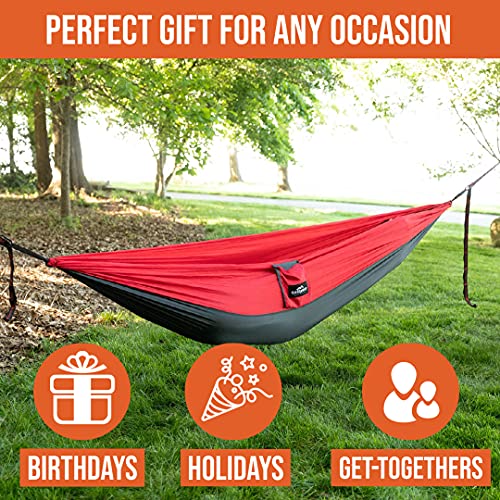 Castaway Travel Hammocks Double Red/Charcoal Camping Hammock With 2 Tree Straps, Triple Stitched Durable Nylon Material, Compact Design For Backpacking, Travel, Beach, Backyard, Patio, Hiking #TOP1