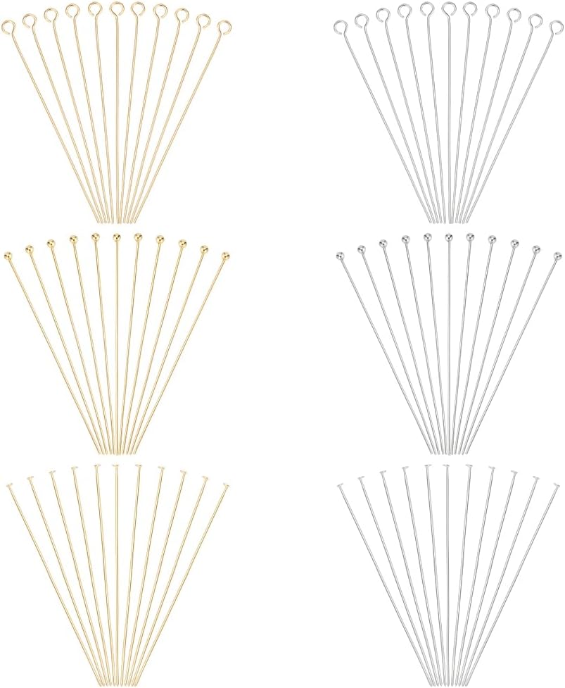 600Pcs 6 Styles Flat Head Pins for Jewelry Making 304 Stainless Steel Flat Head Ball Eye Pins Metal Eyepins Headpins Ball Pin for Earring Necklace Bracelet Crafts Golden Stainless Steel