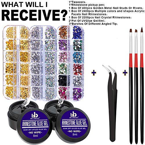 Nail Art 8Ml×2 No Wipe Rhinestone Glue Gel Kit(Led Light Cure Needed) Adhesive Resin Gem Stone Jewelry Beads Diamond Gel Nail Polish Clear Decoration With Nail Rhinestones(Crystal+Acrylic+Rivet)+Tools #TOP5