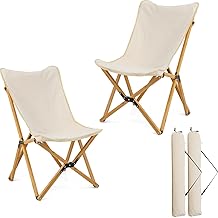KOMFOTTEU Set di 2 sedie a sdraio, sedia da giardino con tasca laterale, sedia pieghevole in bambù, con borsa per il trasporto, sedia da spiaggia fino a 150 kg, per campeggio, pesca (beige)
