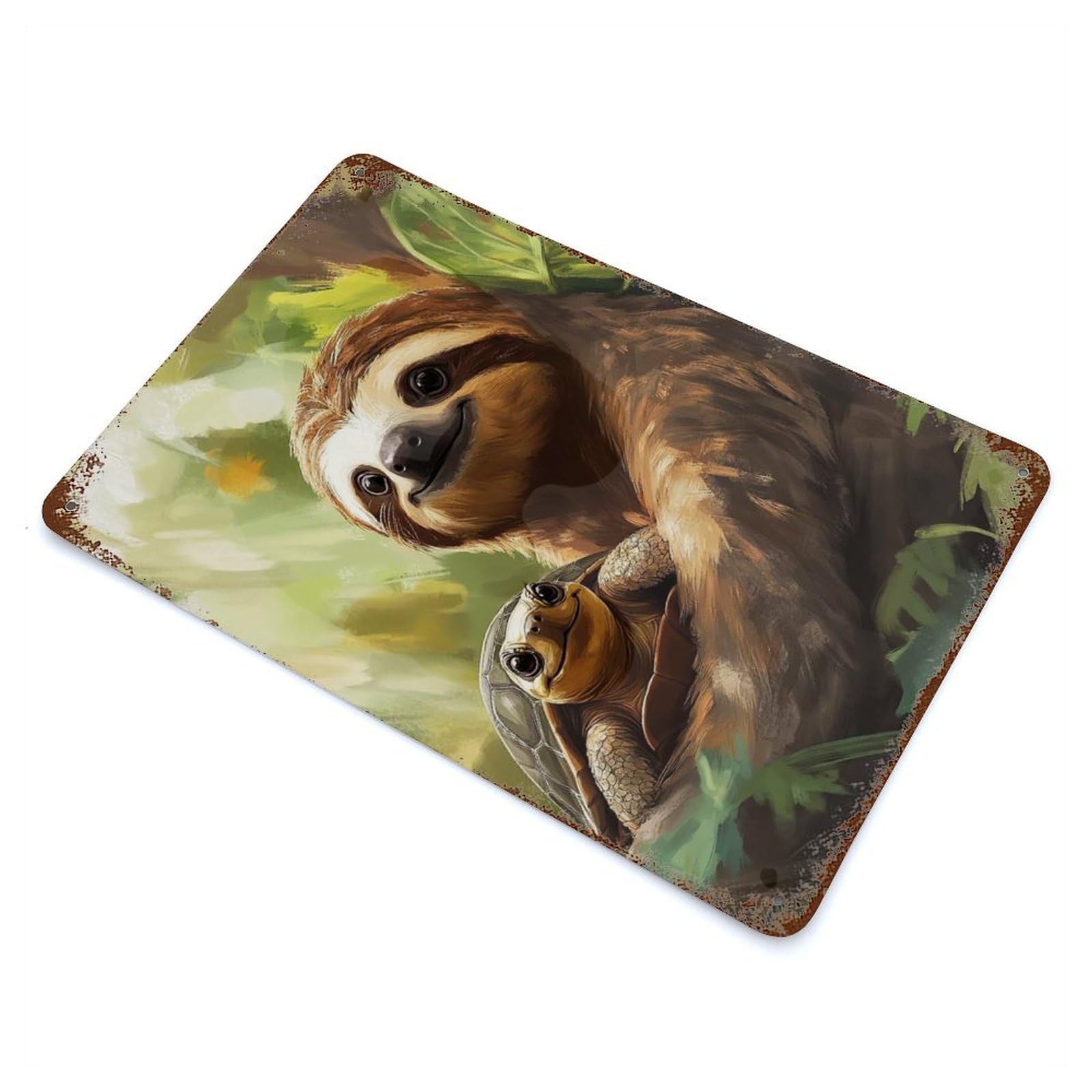 Weathered Tin Sign with Sloth And Turtle Design 11.8"x7.9", for Basement, Hobby Room And Garage Decor, Industrial Home Decor