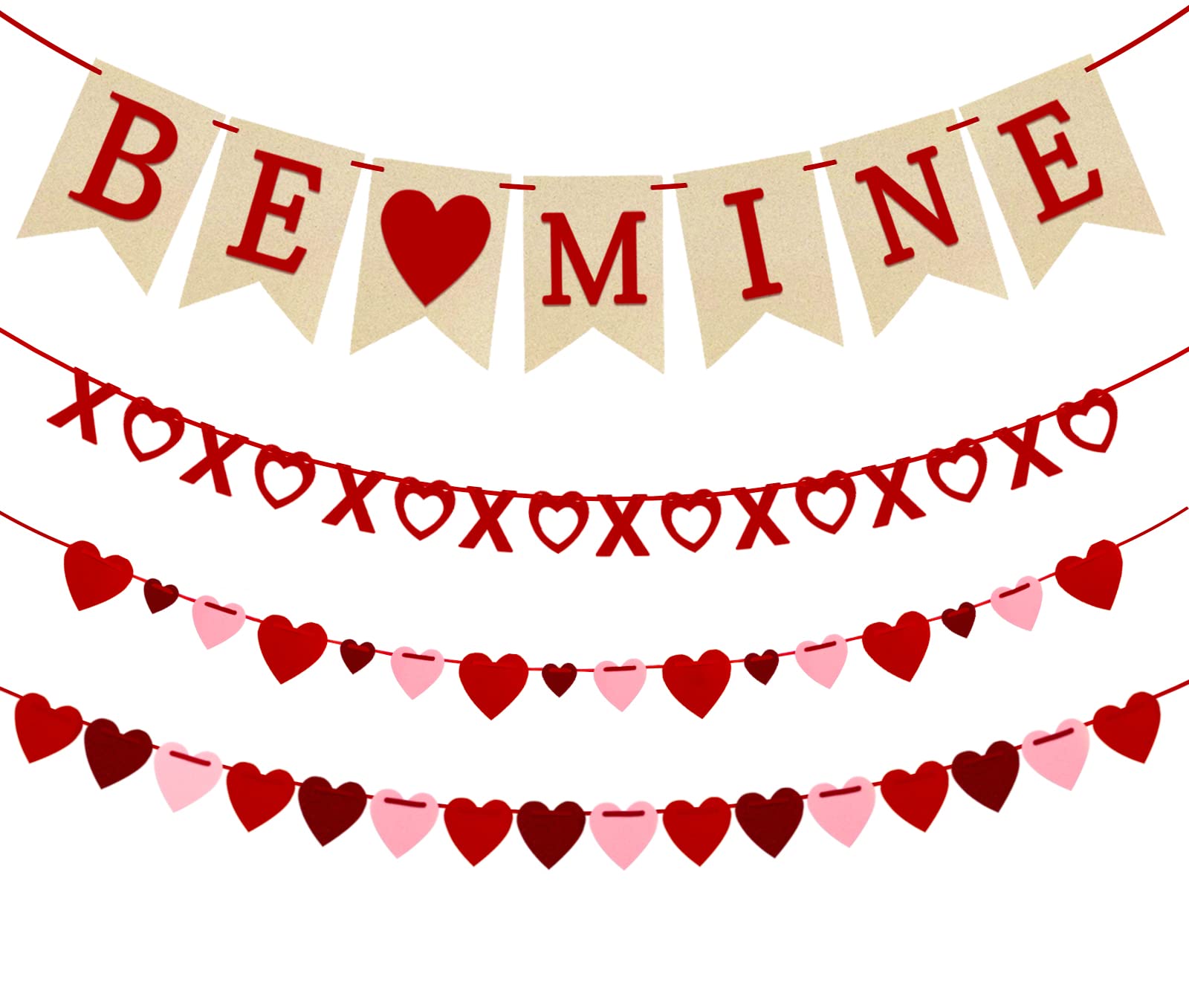 4Pcs Valentines Day Decorations Valentines Day Decor No DIY Required Handmade BE Mine Love Heart XO Garlands Banner for Home Wedding Party Anniversary