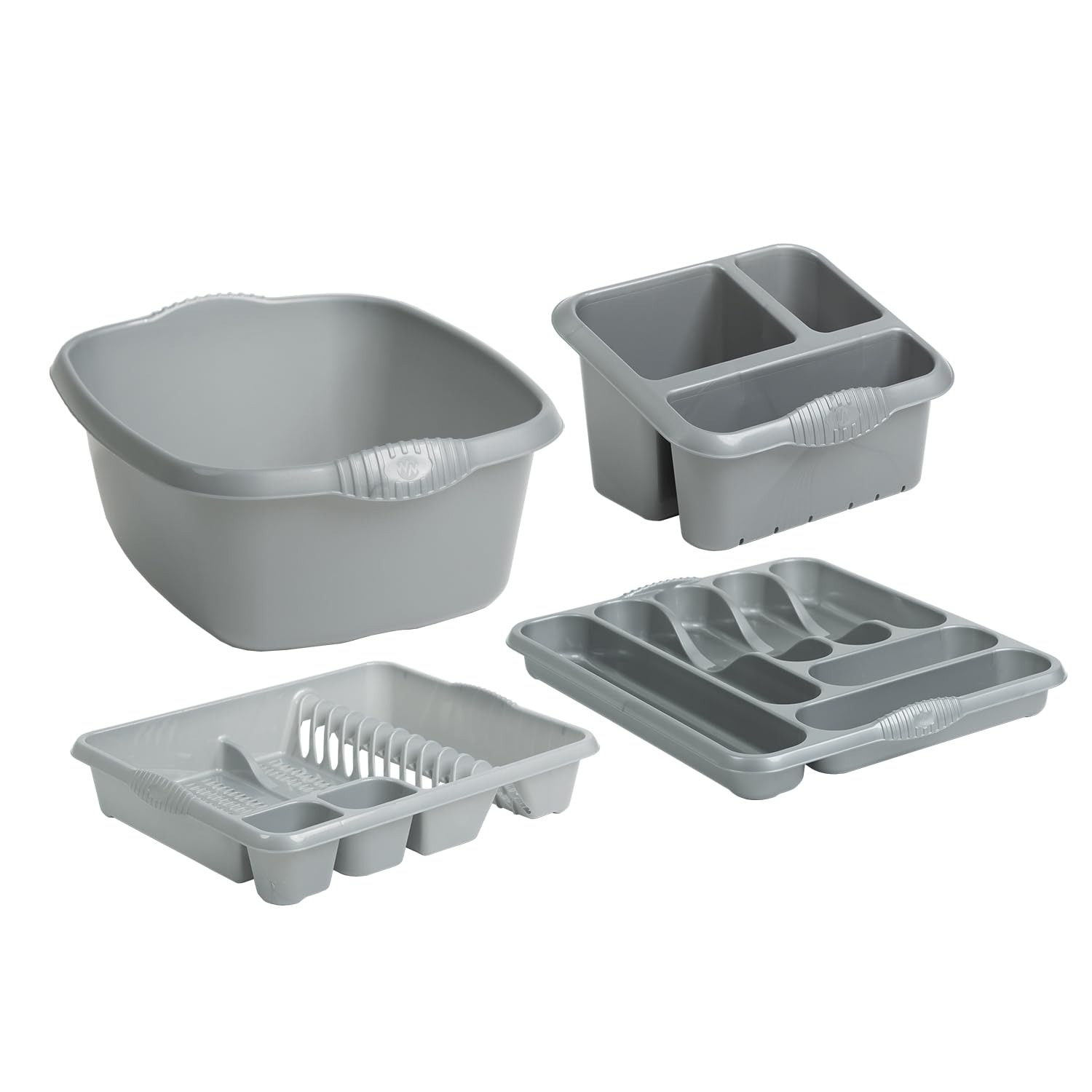 M1SS SILVER SAGE - 4 Piece Casa Plastic Kitchen Set (38cm Rectangular Bowl, Large Cutlery Tray, Large Dish Drainer & Sink Tidy) Perfect for Kitchen Organisation Home and Restaurants (Silver/Grey) โ image 1