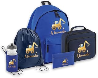 Hoolaroo Personalised Boys Tractor Digger Back to School Set with Custom Name Backpack, Water Bottle, PE, Lunch Bag and Pencil Case Toddler Nursery