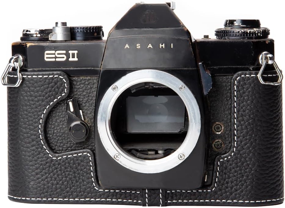 ES2 Vintage Genuine Leather Camera Case, Half-Wrap Genuine Leather Camera Protector for Pentax ES II (Black-White line)