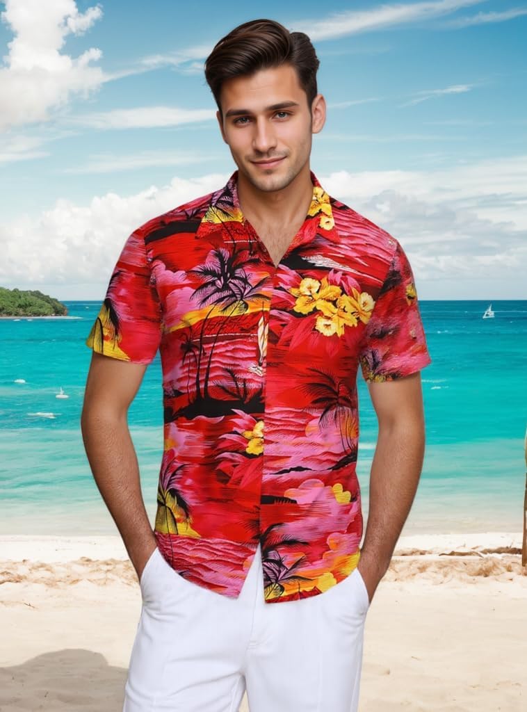 Mens Hawaiian Shirts Tops Short Sleeve Floral Button Down Beach Shirt Vintage Tropical Palm Summer Lightweight Blouses Male - Image 4