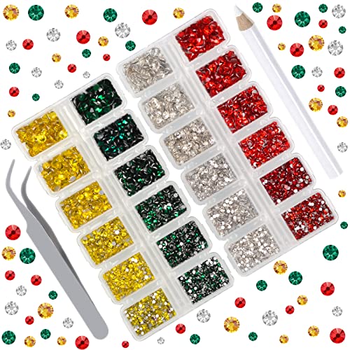 ICAI Beads 10000 Pieces Rhinestones 6 Sizes Round Crystal Glass Flat Back Rhinestones with 1Tweezers and 1Picking Pen for Nail Art Crafts Clothes Bags DIY (Xmas 4 Colors)